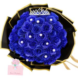 DIY Glitter Roses Bouquet Artificial Flowers - 36 Pack Glitter Eternal Bouquet Kit Fake Shiny Floral Bouquet for Birthday Gifts Wedding Engagement Anniversary Valentine's Day Blue