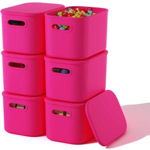 6 Pack Pink Storage Bins with Lids Stackable Storage Container for Organizing, Storage Boxes with Handle for Shelves, Cute Storage Bin for Craft, Snacks, 9.85x6.9x5.7 inch