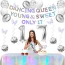 34pcs Dancing Queen Party Decorations 17,Dancing Queen Banner,Silver 17th Birthday Tiara and Sash,Balloons,Disco Hanging Swirls,Butterfly,Candles and Cake Topper,Tablecloth for 17 Birthday