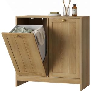 Smart FENDEE Double Tilt Out Laundry Hamper Cabinet, Small Hidden Trash Cabinets with 2 Baskets for Kitchen, Freestanding Bathroom Storage Cabinet Unit, Natural Oak, 25.98 inches x 12.99 inches x 26.77 inches
