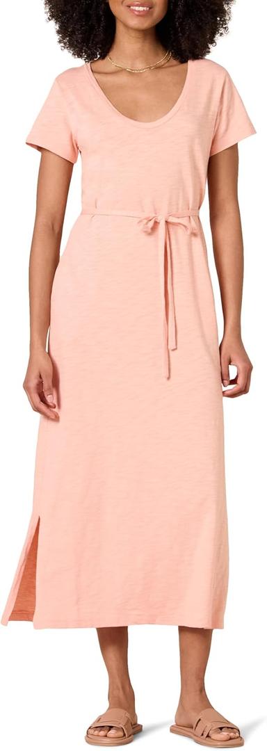 Amazon Essentials Women's Short Sleeve Belted Midi T-Shirt Dress (Large, Coral Pink)