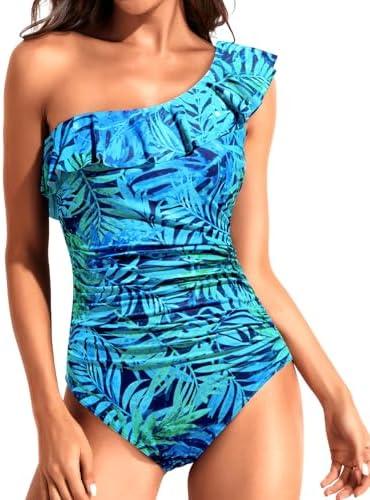 Tempt Me Women One Piece Swimsuits Tummy Control One Shoulder Bathing Suits Ruffle Swimwear Size L