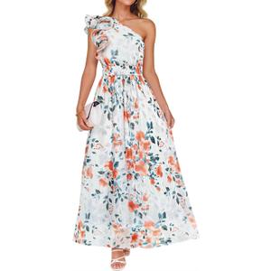 ZESICA Women's 2026 Summer Floral Sleeveless Maxi Dress Ruffle One Shoulder High Waist Boho Beach Wedding Guest Long Dresses (White, Small)