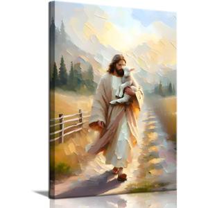 SUAXTCCR Jesus and Lamb Canvas Wall Art Jesus Finds the Lost Lamb Prints Christian Bible Story Wall Decor Pictures God Faith Religious Artwork for Living Room Bedroom Church Decoration, 12x16in