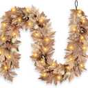 6 FT Fall Garland with Lights Timer Function Autumn Fall Leaves Garland with Berries Pine Cones Pumpkins Realistic Automatic ON/Off Timer Fall Decorations for Home Mantle Fireplace Porch Door Table