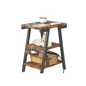 End Table with Charging Station, Small Side Tables with Lucky 7 Metal Shape, 3-Tier Nightstand with Outlets and USB Ports, Adjustable Leveling Feet, side Table for Living Room, Bedroom (Rustic Brown)