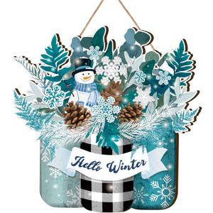 BBTO Hello Winter Door Sign Christmas Snowman Blue White Front Door Decor Winter Wood Hanging Sign Farmhouse Hanging Plaque for Rustic Porch Outdoor