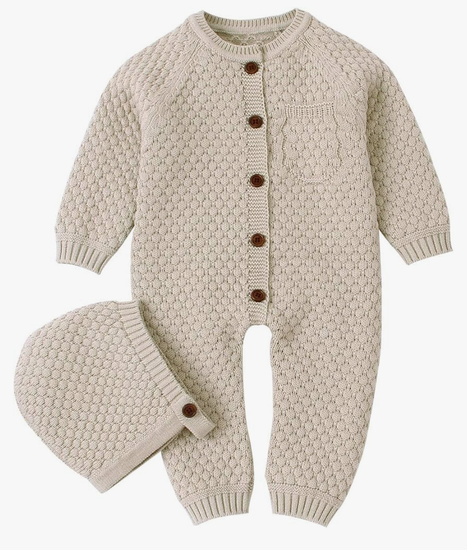 mimixiong Cotton Baby Romper Newborn Baby Knitted Clothes Longsleeve Sweater Outfit for Boy and Girls with Warm Hat Set