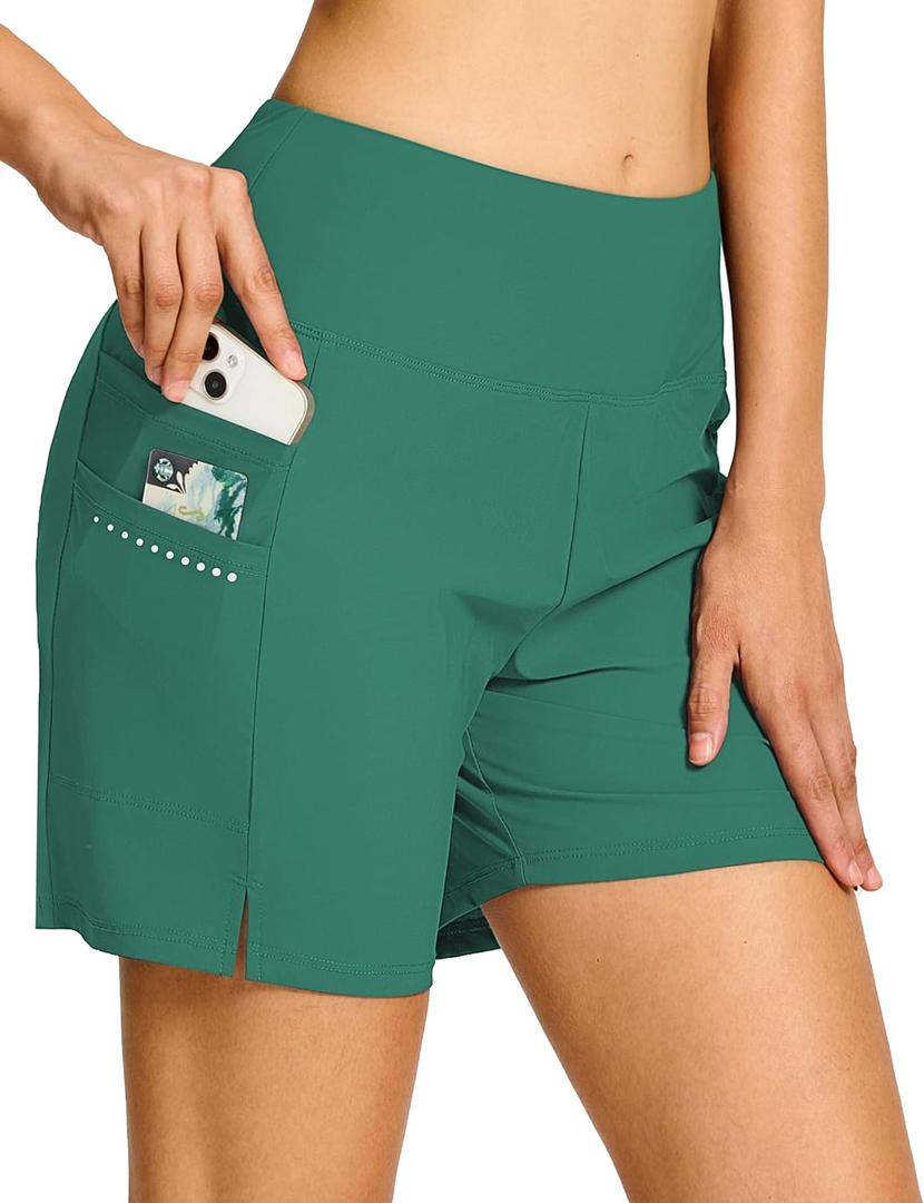 BVVU Women's 5" High Waisted Swim Board Shorts with Pockets Liner Tummy Control UPF50+ Quick Dry Beach Swimsuit Bottoms (Green)