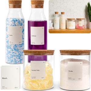 KIVY Glass Detergent Dispenser Container Set of 4 [INCL Labels] Large Glass jars for Laundry Room Organization Decor - Laundry soap dispenser for liquid detergent dispenser - Fabric softener dispenser