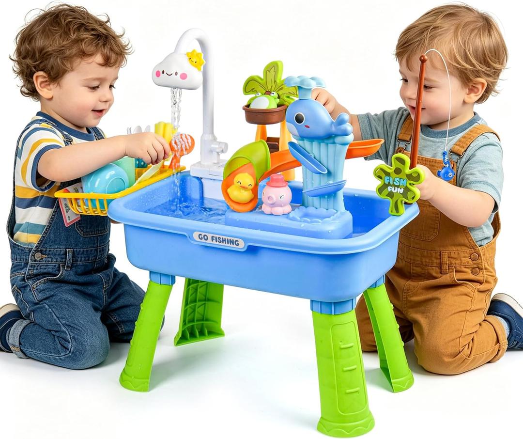 Upgraded Toddler Sand Water Table Toy with Electric Water Pump, Kids Sand Water with Faucet/Play Food Accessories/Fishing Toy, Kitchen Play Sink Toys for Girl Boy Age 3+ (Blue)