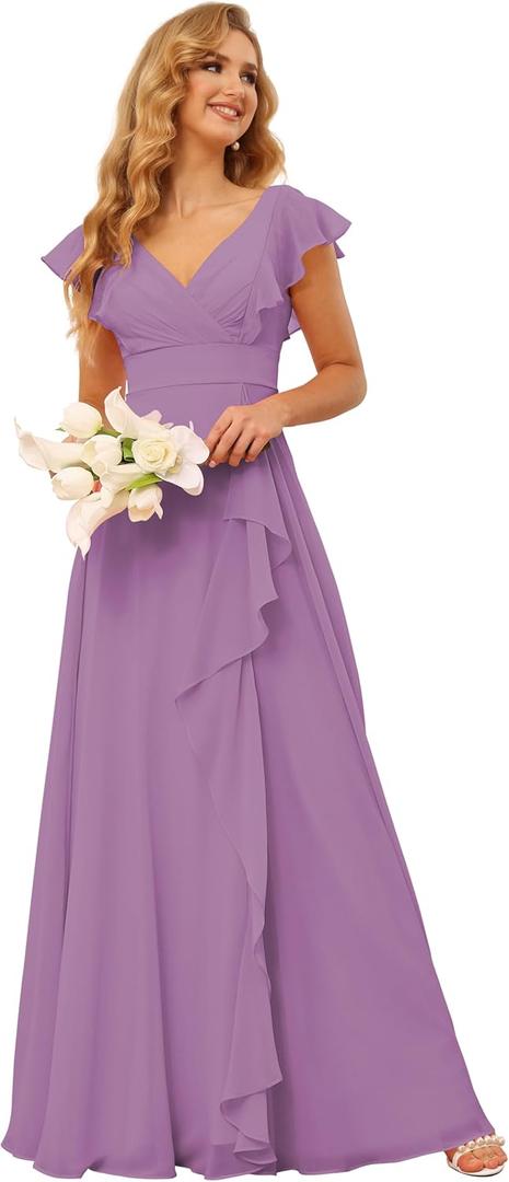 TIRAS Long Chiffon Bridesmaid Dresses with Slit V Neck Short Sleeve Ruffled Split Long Bridesmaid Dress with Pockets CM176 (Dusty Purple, M)