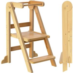 Toddler Tower, Foldable Step Stool for Toddlers, Toddler Kitchen Stool Helper with 3 Adjustable Height Safty Rail and Anti-Tip Structure, Learning Tower for Toddlers Baby Kids (Natural Wood)