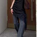 Women Lace Trim Satin High Low Tops Silk Spaghetti Strap Asymmetrical Side Split Cami Top Flowy Silky Layering Tops (Black, S)