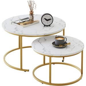 VILAWLENCE Nesting Coffee Table 31.5IN Set of 2, White Faux Marble Gold Steel Frame Circular and Round Large Wooden Tables 31in, Living Room Bedroom Apartment Modern Industrial Simple Nightstand