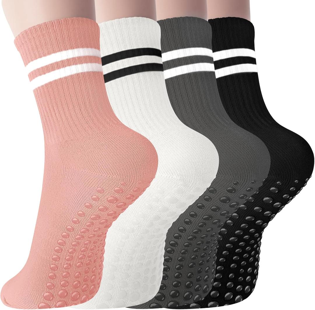 Pilates Socks with Grips for Women Long Non-Slip Yoga Grippy Socks for BarreBalletDance & HospitalAnti-Skid Workou (5.5-10, Black/White/Grey/Pink)
