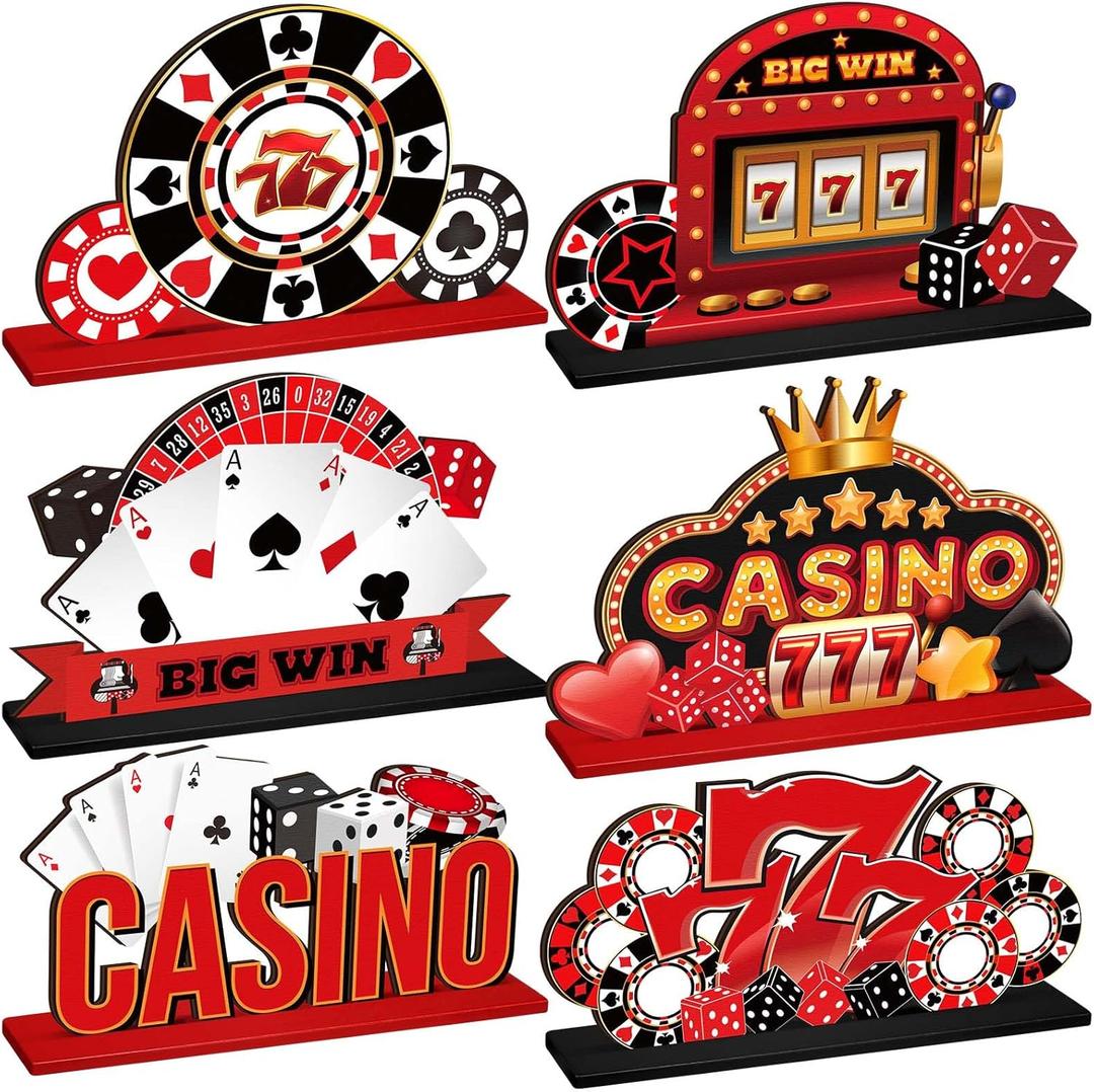 6 Pcs Casino Theme Table Centerpieces Casino Night Party Wood Tabletop Decorations Poker Chips Poker Machines Dice Spades Wooden Signs for Birthday Party Decoration