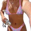 ZAFUL Women's Floral Bikini Set Color Block Double Spaghetti Strap High Cut Swimsuit Two Piece Bathing Suits S 