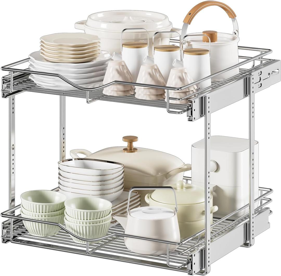 DINDON Pull Out Cabinet Organizer (22-1/2" W x 21-1/2"D), Cabinet Pull Out Shelves, 2 Tier Pull Out Drawers for Kitchen Cabinets, Wire Basket Slide Out Shelf, Pot and Pan Organizer Chrome 