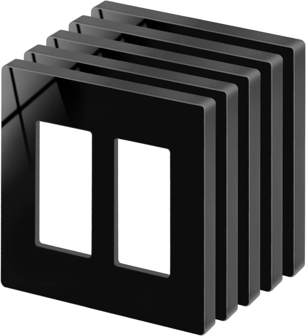 BESTTEN 5 Pack 2-Gang Black Screwless Wall Plate, Decor Outlet Cover, Decorative Switch Cover, Unbreakable Polycarbonate Switch Plate, H4.69" x W2.91", Gloss