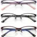 3 Pack Reading Glasses for Women Blue Light Blocking, Metal Oval Half Frame Womens Readers Glass with Spring Hinge, Anti Blue Ray Reduce Eye Strain Glare Headache, Black Red Purple, 1.25 x 