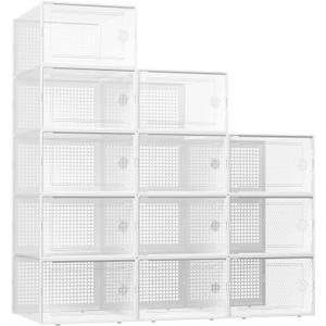 Kuject XX-Large Shoe Storage Boxes Organizers Clear Plastic Stackable 12 Pack, Shoe Rack & Holder Substitute, Sneaker Containers, Toy Storage Organizer Bins for Entryway, Closet, Under Bed, White