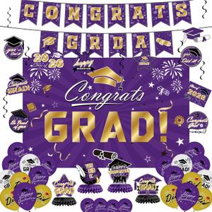 Graduation Decorations 2026 Set - Purple Themed Congrats Grad Banner, Backdrop, Hanging Swirls, Balloons - Complete Party Supplies for High School, College Graduation Decorations (Purple)