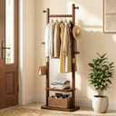 Taitiy Solid Wood Coat Rack Freestanding Clothes Rack 5 Hooks 2 Shelves