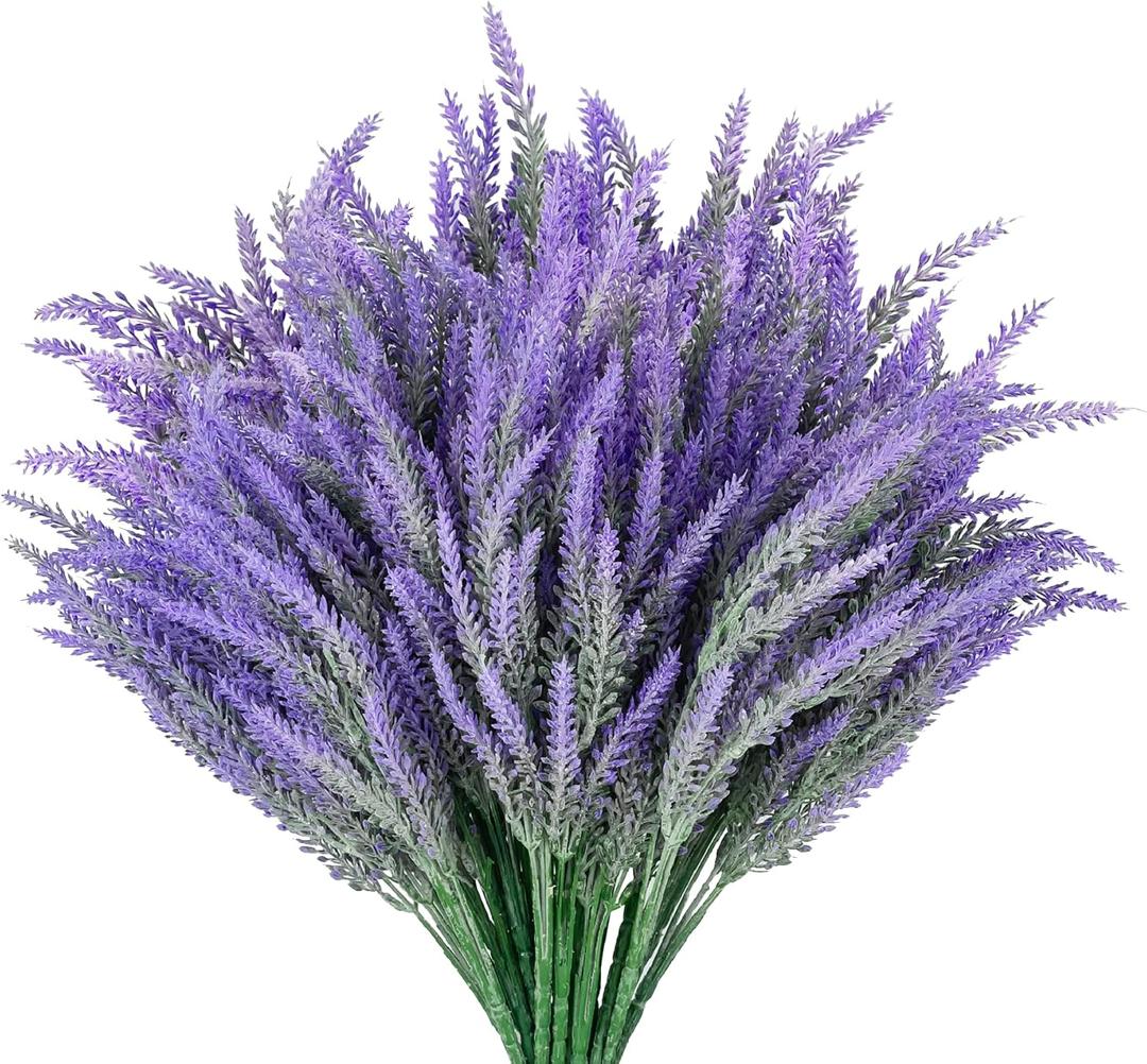 26 Bundles Lavender Fake Artificial Flowers, Faux Plastic Plants for Home Decor, Outdoors Wedding Kitchen Garden Patio Porch Window Box Office Table Centerpieces Indoor Outdoor Decorations (Grey Purple-26pcs)