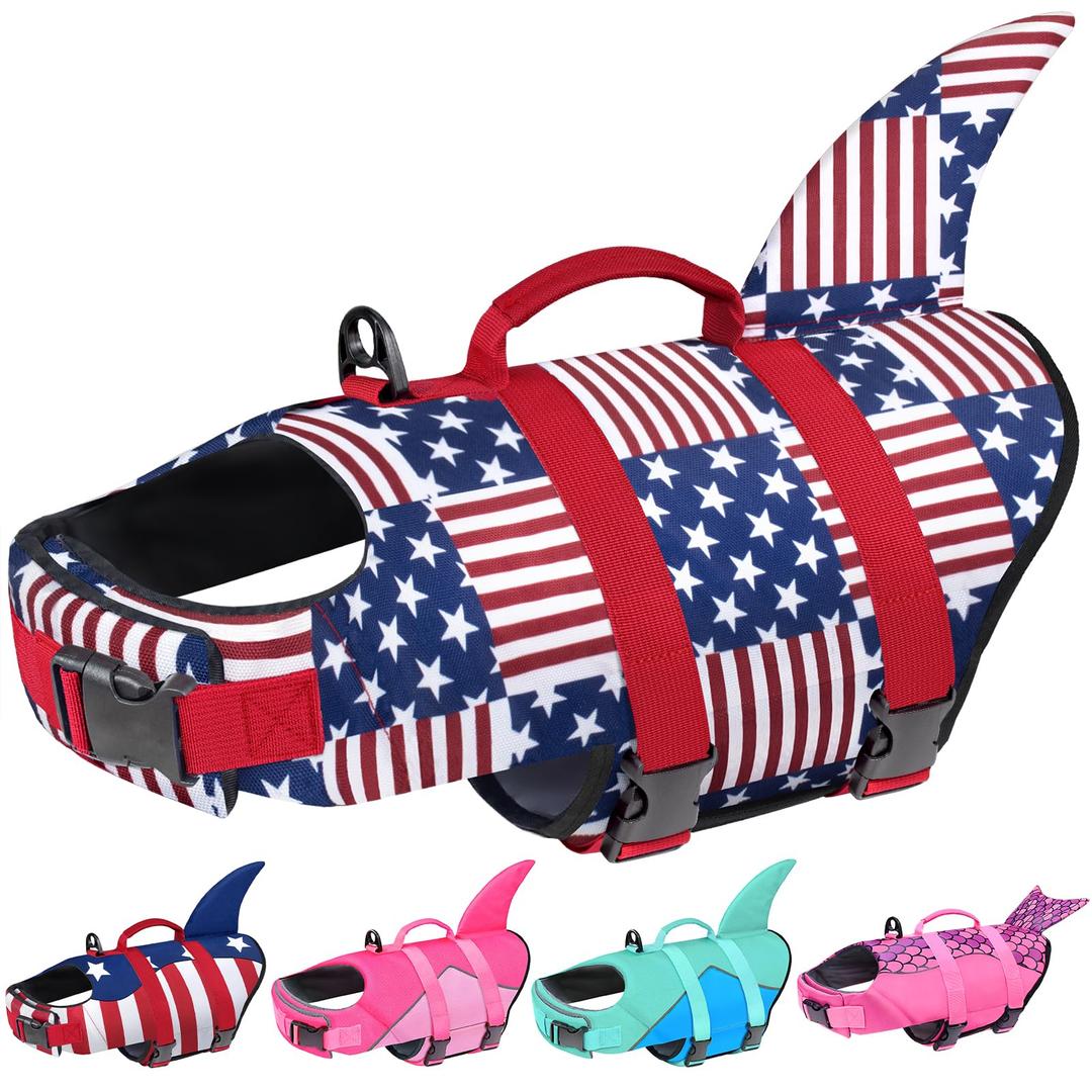 Malier Dog Life Jacket, Ripstop Dog Life Vest with High Buoyancy for Swimming Boating, High Visibility Shark Puupy Lifesaver for Small Medium Large Dogs (Plaid, Medium)