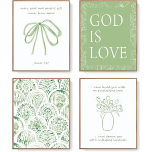 LARTSFRO Sage Green Bow Christian Wall Art Decor Posters Prints, Floral Scripture Inspirational Bible Verses Wall Decor Christian Gifts for Women, Bow Room Bedroom Bathroom Dorm Wall Art Decor Aesthetic for College Teen Girls Gifts, 10x8 Inch Set of 4 Pcs God is Love Pictures (UNFRAMED), 8X10in