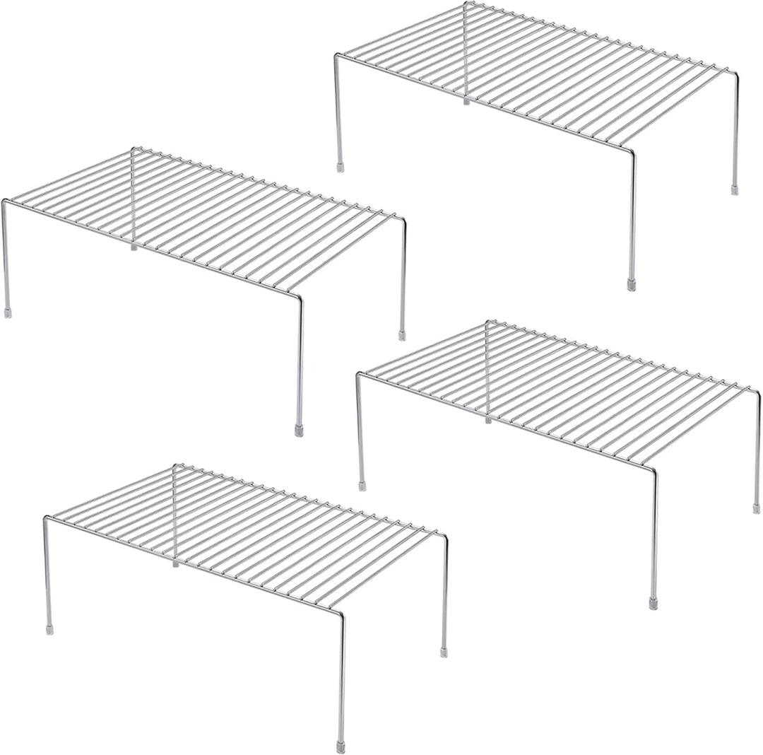 Kitchen Cabinet Shelf Organizer Set of 4, Medium (13 x 9.4 inch) Metal Wire Pantry Storage Shelves, Dish Plate Racks for Cabinets, Freezer, Counter, Cupboard Organizers and Storage, Chrome