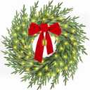 Christmas Wreath with Lights,26" Real Touch Pine Wreath with Bow and Bell, Artificial Christmas Wreaths for Front Door,Outdoor Winter Wreath for Indoor,Wall,Window Festival Decor