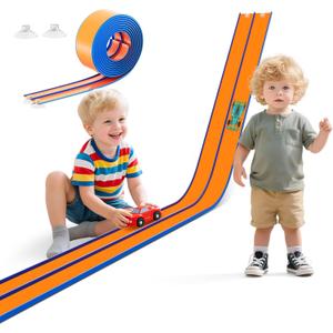 15 Ft Flexible Race Track for Kids Portable Car Race Track Starter Set with Suction Cups, Rolls Up Easy, Compatible with 1/64 Diecast Cars, Birthday Gift for Boys & Girls Ages 3+ (Orange&Blue)