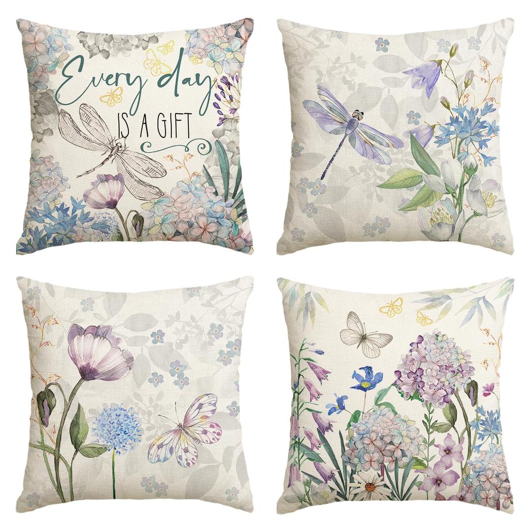AVOIN colorlife Every Day is A Gift Hydrangea Throw Pillow Covers, 18 x 18 Inch Spring Summer Floral Butterfly Dragonfly Decoration Cushion Case for Home Sofa Couch Set of 4