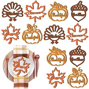 12 Pcs Fall Thanksgiving Wood Cutout Thankful Grateful Blessed Sign Plate Decor Pumpkin Maple Leaf Turkey Table Settings for Thanksgiving Autumn Plate Table Wall Decoration (Yellow, Orange, Brown)