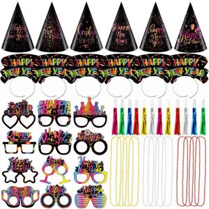 2026 Happy New Year Party Decorations 48pcs New Years Eve Party Supplies Happy New Year Party Cone Hats, Tiaras, Blowouts and Necklace, 2026 New Years Party Decoration Supplies