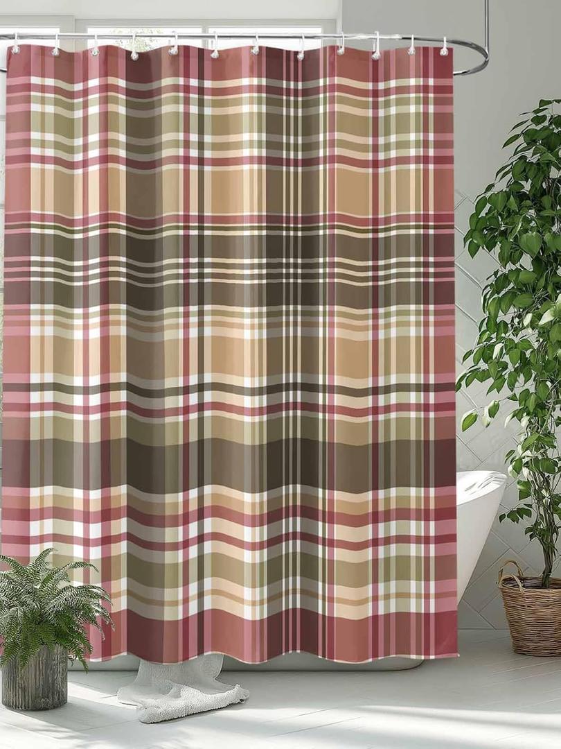 Shower Curtain, Fall Farmhouse Retro Brown and Pink Plaid Buffalo Washable Shower Curtain with Hooks Bath Decor Fabric Shower Curtains for Bathroom, Hotel, Stalls, Bathtubs, 72x78 in