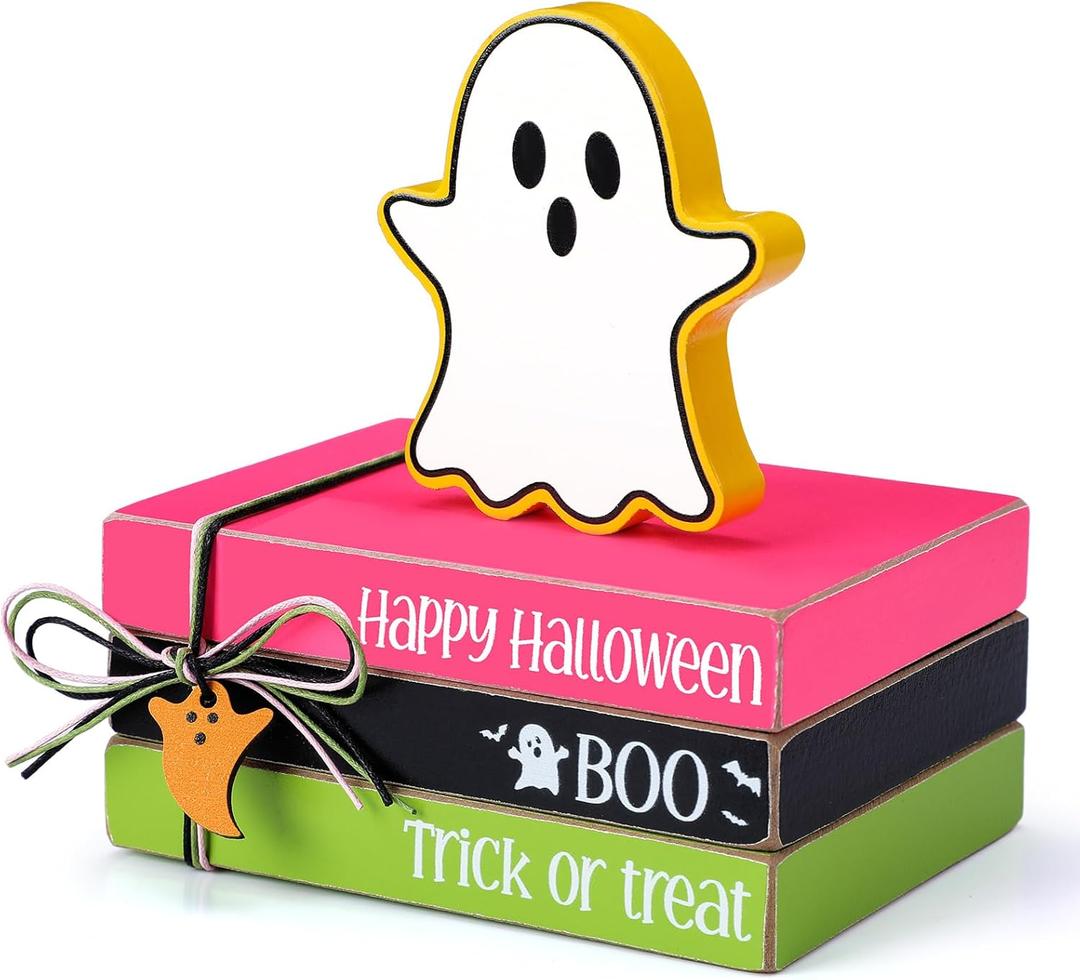 Yookeer 4 Pieces Halloween Ghost Decor Wooden Ghost Tiered Tray Decor Wood Book Stack Halloween Neon Sign Table Sign for Home Room Table Mantle Fireplace Shelf