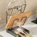 Kitchen Pot Lid Storage Rack & Organizer  Metal Pot Lid Holder While Cooking for Countertop  Heavy Duty Pan Lid Holder Stand with Drip Tray & Spoon Rest for Spatulas, Ladles & Large Lids (2-Layer)