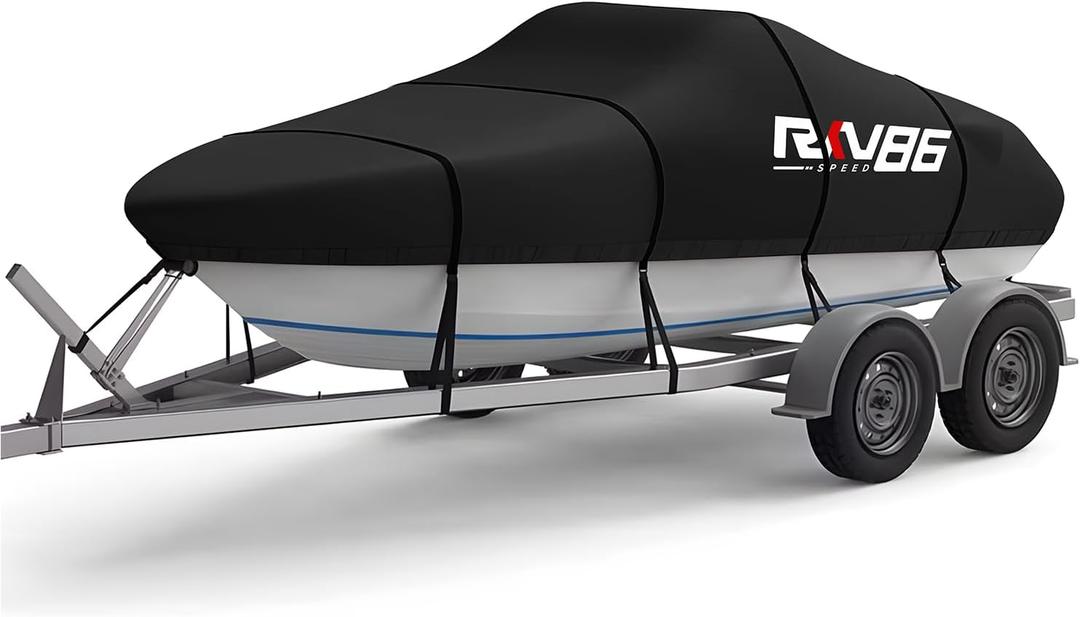 Trailerable Boat Cover, 17'- 19' Heavy Duty 600D Waterproof Tarp Covers with Storage Bag, Marine Grade Polyester Canvas, Fits 17-19ft Bass Boat, V-Hull, Tri-Hull, Runabout Bowrider Boat (Black)