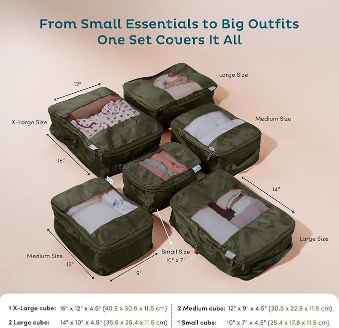 6Pack Large Compression Packing Cubes for Travel  Lightweight Compression Packing Cube Set, WaterResistant Luggage Organizer Bags & Suitcase Organizers, Travel Cubes for CarryOn, Checked Luggage
