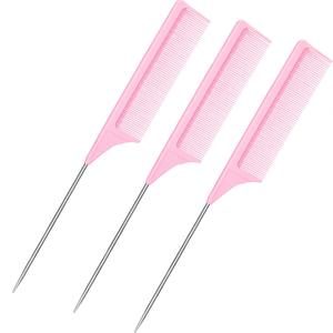 Pack of 3 9 Inch Rat Tail Comb Carbon Fiber Heat Resistant Teasing Comb with Metal Pick Styling Parting Lightweight Sectioning Fine Tooth Combs for Women Girls (Pink)