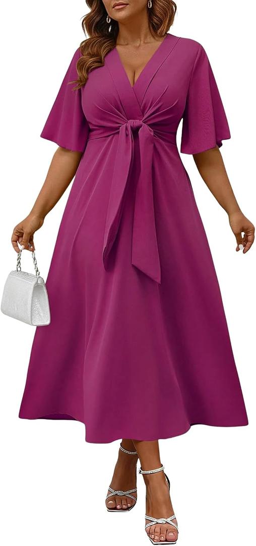 Ekaliy Women's Elegant Wedding Guest Dress Adjustable Tie Front V Neck Ruffle Sleeve A Line Formal Maxi Church Dresses (M)