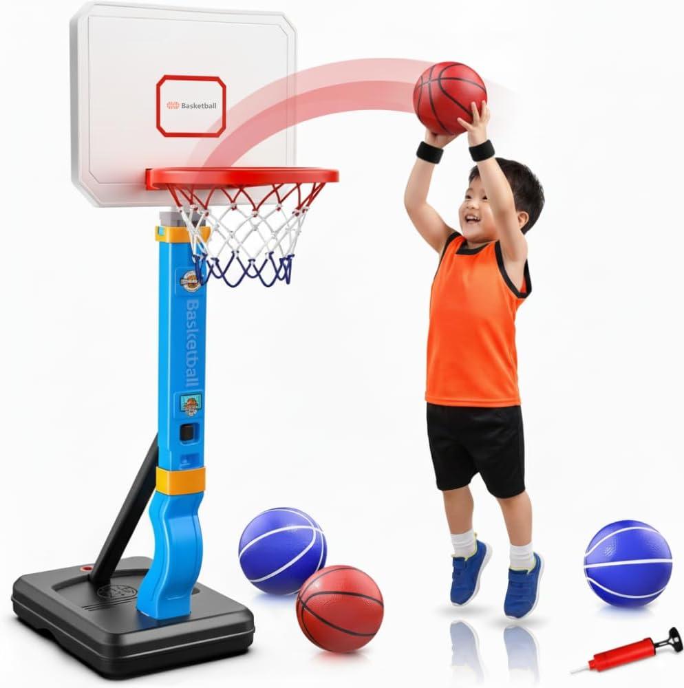 Toddler Basketball Hoop Adjustable for Kids  Indoor & Outdoor Basketball Hoop for Toddlers 1-3 with 4 Mini Basketballs, Pump, Wristband, Patches & Stable Base, Height Adjustable 2.55.5 Ft
