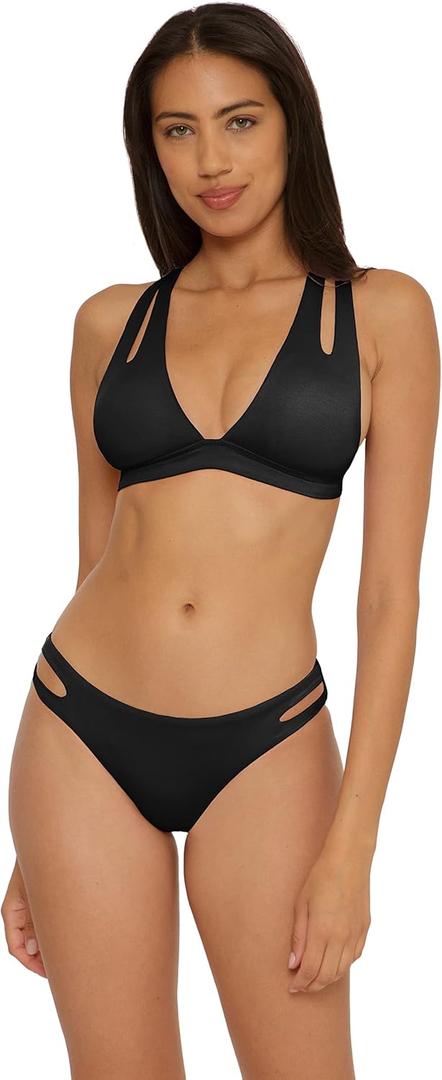 BECCA Women's Color Prism Halter Bikini Top, Adjustable, Tie Back, Swimwear Separates (Black)