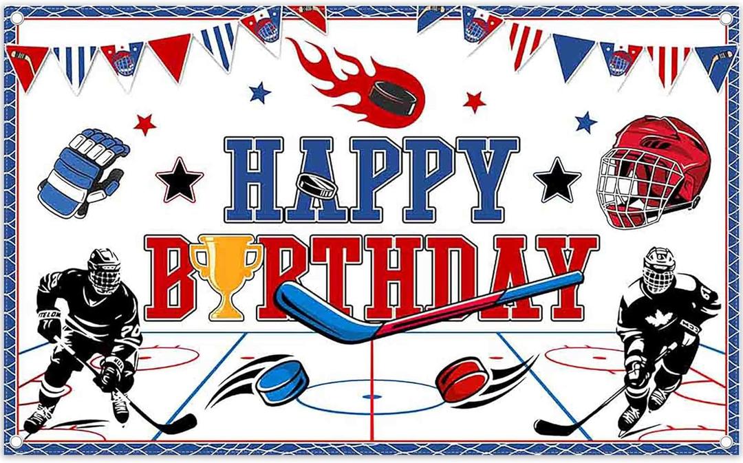 72x43inch Fabric Ice Hockey Happy Birthday Backdrop Helmets Sport Rink Theme Photography Background Kids Boys Game Party Decorations Photo Banner Props