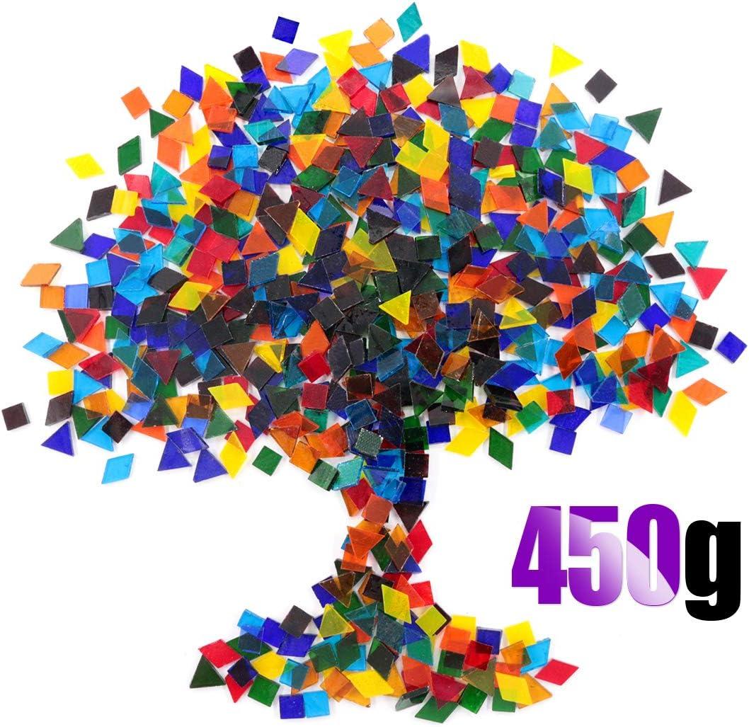 Swpeet 1 Pound Mosaic Tiles Mixed Color and Shapes Mosaic Glass Pieces with Organizing Container, Triangle Genuine Mosaic Tiles Glass Pieces Mosaic Perfect for Home (Assortment Kit, Transparent)