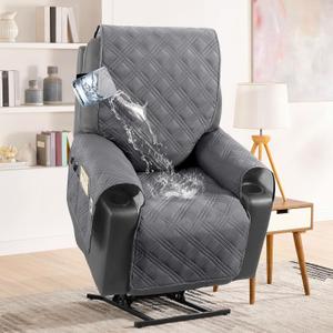 H.VERSAILTEX 100% Waterproof Recliner Chair Cover Nonslip Recliner Cover Stay in Place Electric Power Lift Recliner Slipcovers Fitted Standard Large Power Lift Recliner with Side Pocket,Grey
