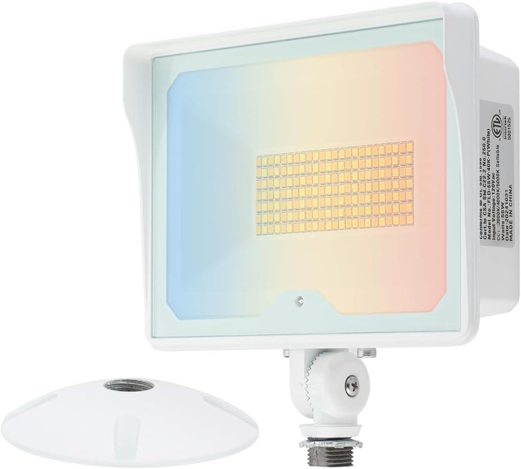 kadision 55W White LED Flood Light with Dusk-to-Dawn Photocell, 3000K/4000K/5000K Selectable, 120V 6600lm IP65 Waterproof Knuckle Mount Outdoor Security Lights, ETL Listed